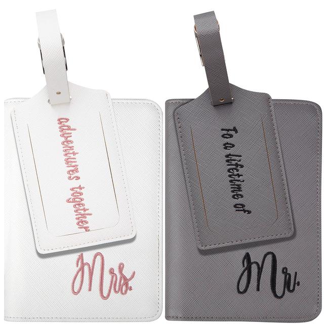 GLM Luggage Tags and Mr. and Mrs. Passport Holders for Newlyweds, Honeymoon, Bridal Shower (White, Gray)