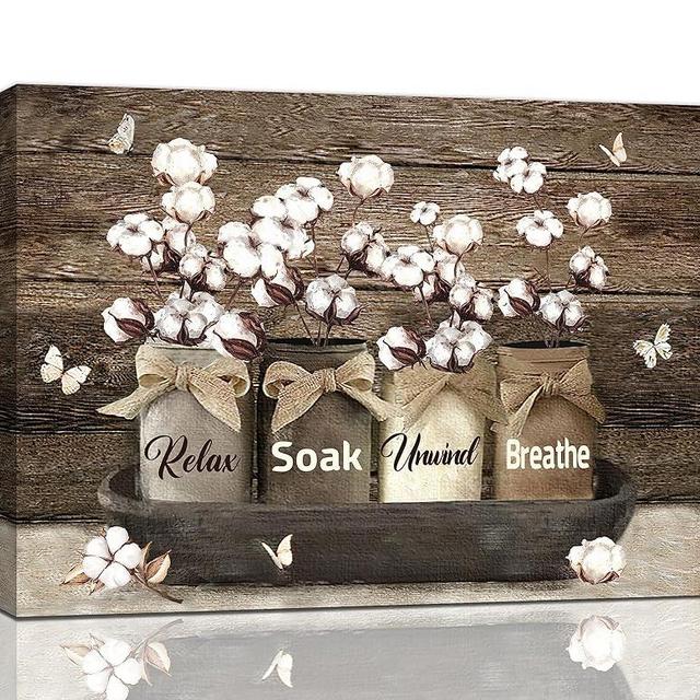 Farmhouse Bathroom Wall Art Country Bathroom Wall Decor Rustic Cotton Flower Rustic Relax Soak Unwind Breathe Pictures Canvas Prints Framed Modern Artwork for Home Bathroom Toilet 16"x12"