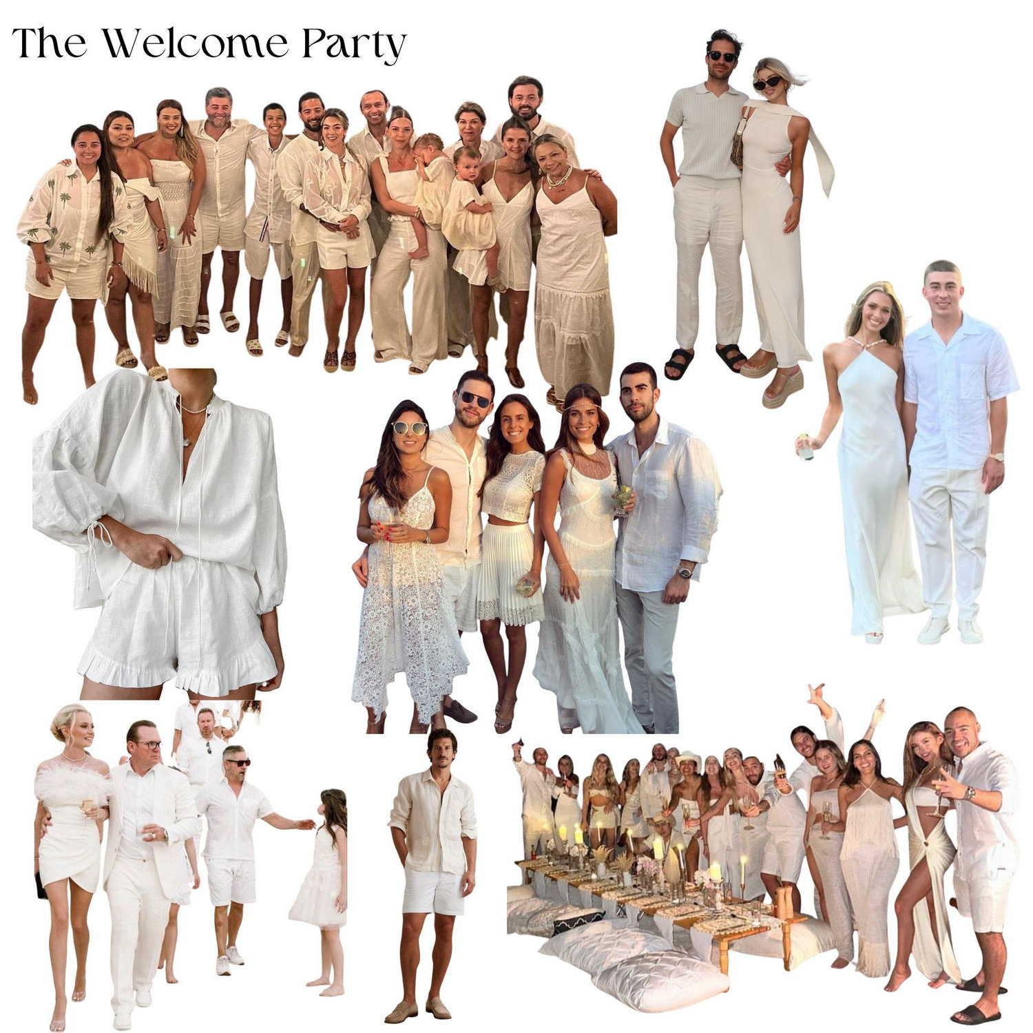 Our welcome party will be an all-white celebration — think breezy, elegant, and effortlessly chic. We invite you to wear your favorite white or ivory attire as we kick off our wedding weekend!