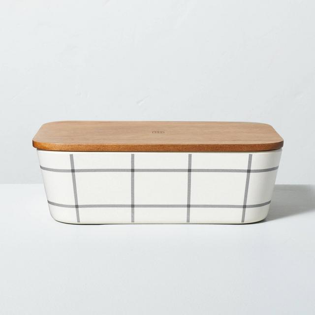 45oz Grid Pattern Bamboo-Melamine Bento Food Storage Box with Wood Lid Gray/Cream - Hearth & Hand™ with Magnolia