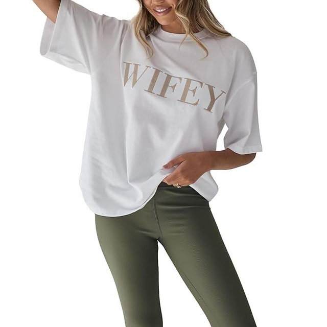 Six Stories Wifey Statement Tee, Champagne Embroidery, White Crewneck Shirt, Anniversary, Honeymoon, Wedding or Birthday Gift