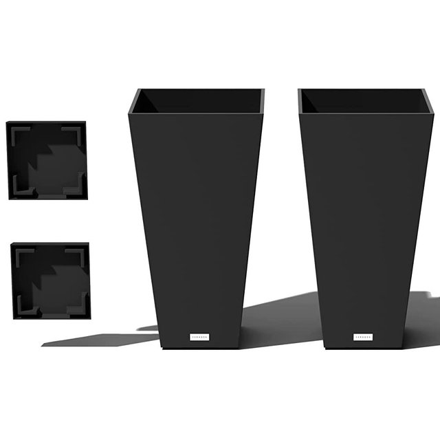 Veradek V-Resin Indoor/Outdoor Taper Planter (Black, 26 inch - 2 Pack with 2 Saucer Trays)