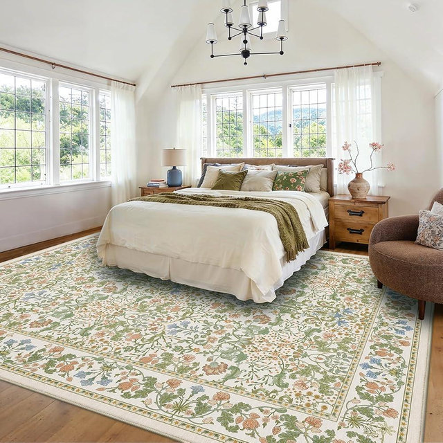 AMADA HOMEFURNISHING 8x10 Washable Area Rugs for Living Room, Non-Slip & Low-Profile Floral Large Area Rug with Durable Edge Binding, Soft Rugs for Living Room, Bedroom, Dining Room