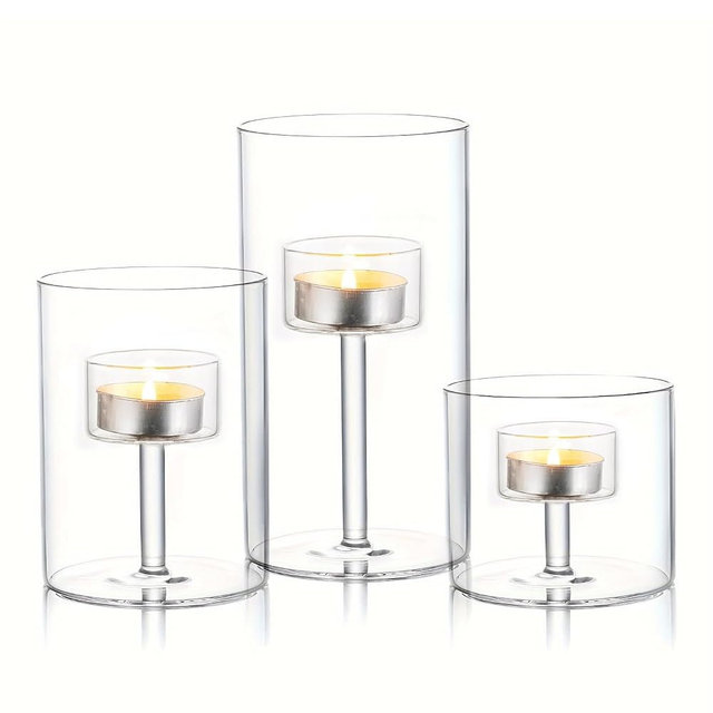Glass Hurricane Candle Holder, 3pcs Clear Cylinder Candle Holders Bulk for Pillar Candles, Open Ended Glass Candle Pedestal for Wedding Centerpieces Tables, Party, Event(No.01)
