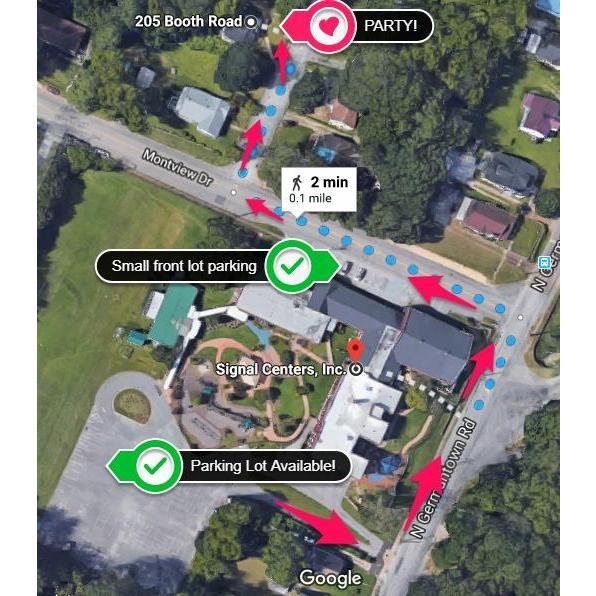 Here's a view of the parking availability for the party. It is a short walk from Signal Centers to the party, but does include hills.