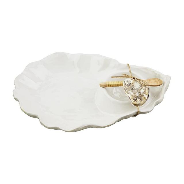 Mud Pie Oyster Chip and Dip Set, White, server 8 1/2" x 12" | spoon 5"