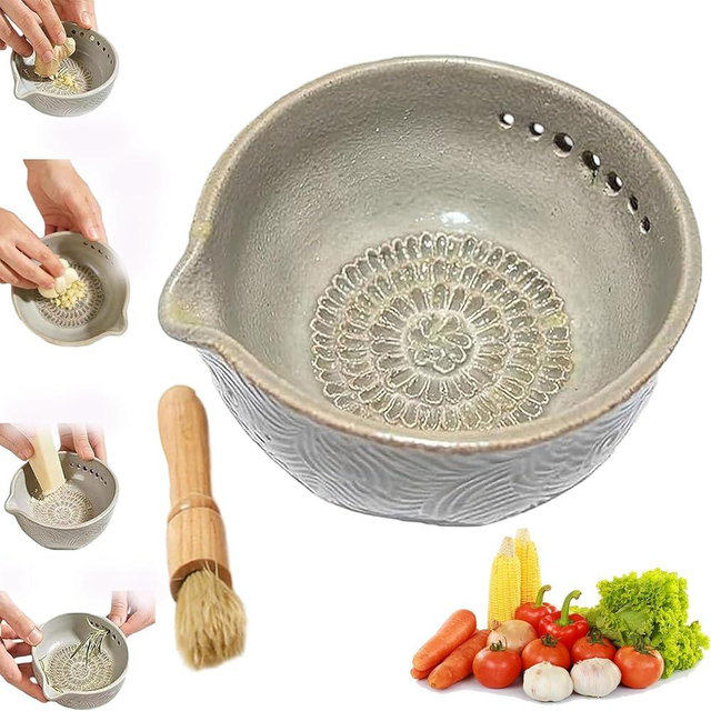 Handmade Garlic Grater & Herb Bowl, garlic grater plate, Multi-functional Kitchen Tools, for Ginger, Garlic, Cheese & Herbs, Efficient Leaf Stripper,Cooking Lover (Beige)