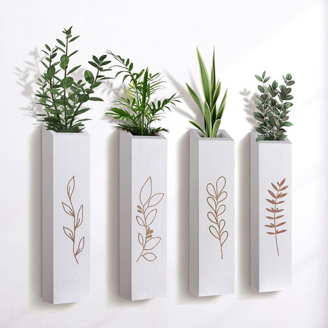 BOTOP Wood Wall Planter, Farmhouse 4 Pack Indoor Pocket Wall Vases Decor for Living Room Bedroom Dried Flowers Faux Greenery Plants (White)