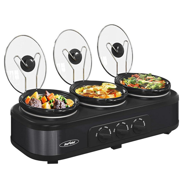Sunvivi Triple Slow Cooker, Buffet Server & Warmer with 3 Removable Ceramic Pots, 3 Adjustable Temp Settings & 3 Metal Lid Rests, Stainless Steel, 3 * 1.5 Quarts Black
