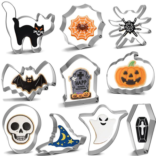 Halloween Cookie Cutters Set 10pcs - Ghost, Bat, Pumpkin, Witch Hat, Cat, Skull, Spider, Spider Web, Coffin, Tombstone Shapes, Stainless Steel Metal Biscuit Molds for Baking or Party Decorations