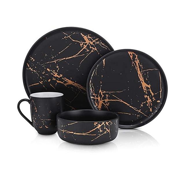 Stone Lain Modern Gold Splash Exquisite Fine China Dinnerware Set, 16 Piece - Service for 4, Black & Gold