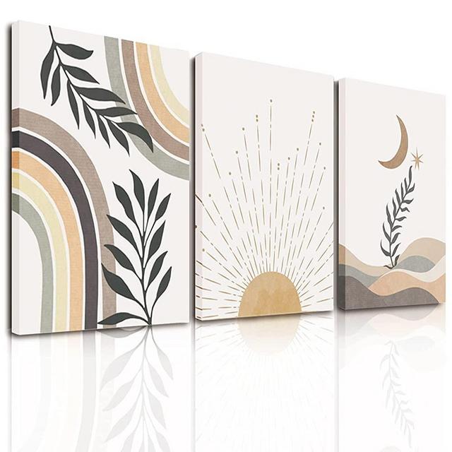 Boho Room Decor Aesthetic Canvas Wall Art for Bedroom, Beige Aesthetic Wall Decor for Home Office, Living Room, Bathroom, Framed 12X16 inches Geometric Nature Mid-Century Modern Wall Art with Sun Moon Star