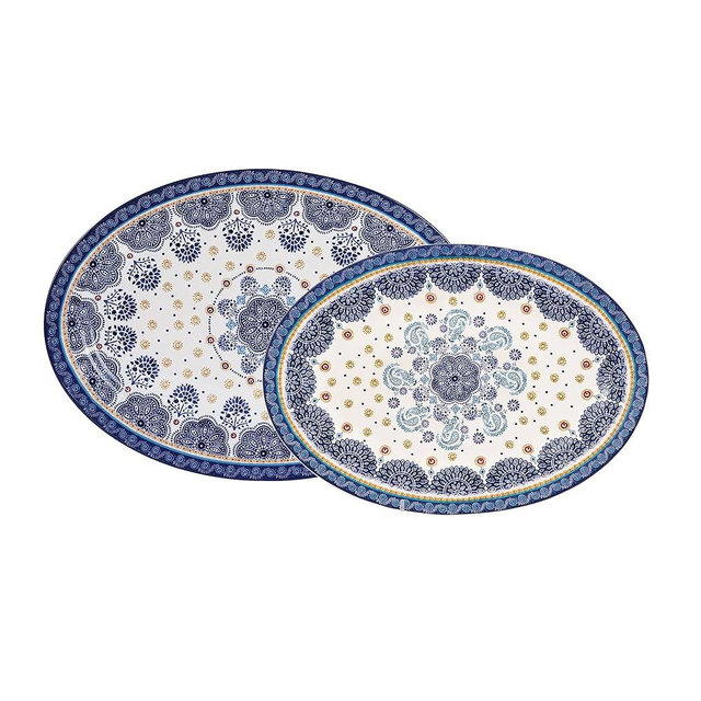 Bico Blue Talavera 16 plus 14 inch Oval Platters Set, Set of 2, Microwave and Dishwasher Safe, for Serving Fish, Chicken, Turkey