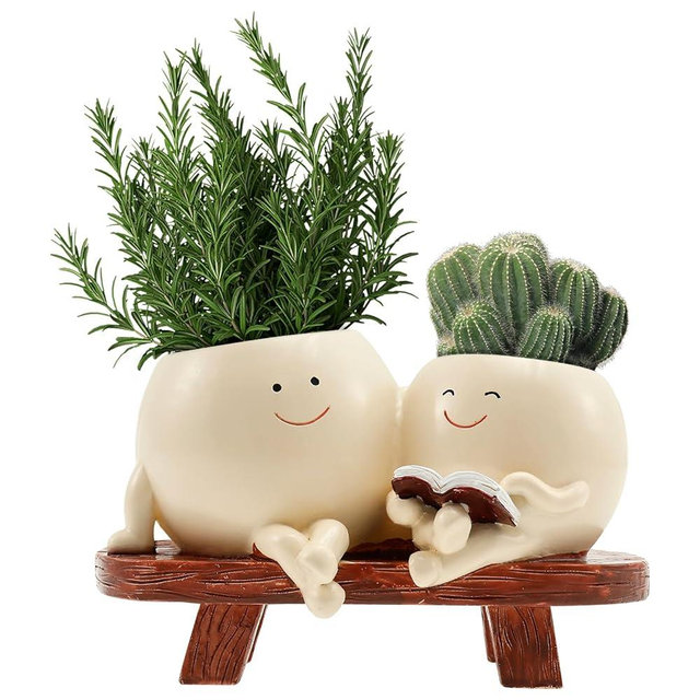 Face Planter Pot, Cute Resin Face Flower Pot, Head Planter for Indoor Outdoor, Unique Rocking Chair Plant Succulents Plantings Live with Drainage Hole for Home Indoor and Outdoor Plant(Beige)