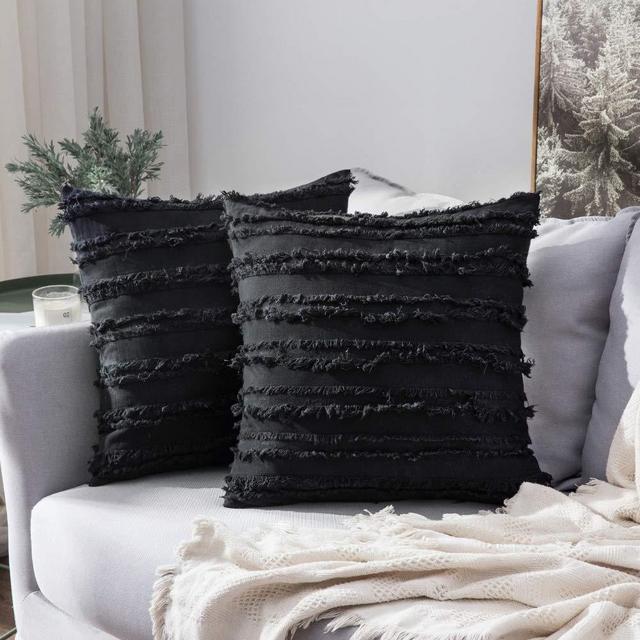 MIULEE Set of 2 Decorative Boho Throw Pillow Covers Cotton Linen Striped Jacquard Pattern Cushion Covers for Sofa Couch Living Room Bedroom 20x20 Inch Black