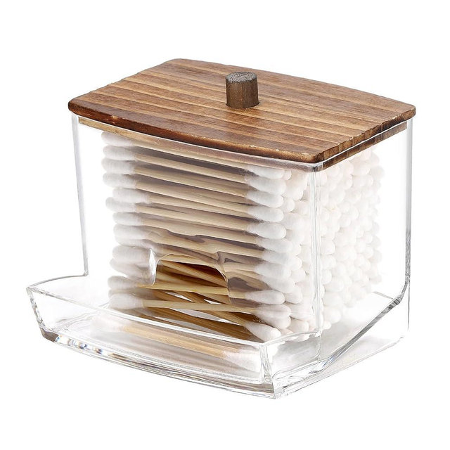 Tbestmax 10oz Qtip Holder Dispenser with Black Wood Lids, Big Cotton Swab Holder Bathroom Accessories Organizer for Storage-Qtips Cotton Ball, Floss Container