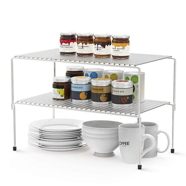 WOSOVO Set of 2 Kitchen Cabinet Organizer and Storage Shelves Stackable Expandable Storage Racks with Anti-slip Liners for Cabinet, Silver