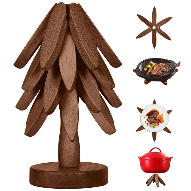 4 Wooden Trivets for Hot Dishes - Charming Wooden Trivet Tree Includes Stand, Handcrafted Walnut for Kitchen Boho Decor, Protects Counter & Table from Hot Pots & Pans (Walnut Color, Set of 4)