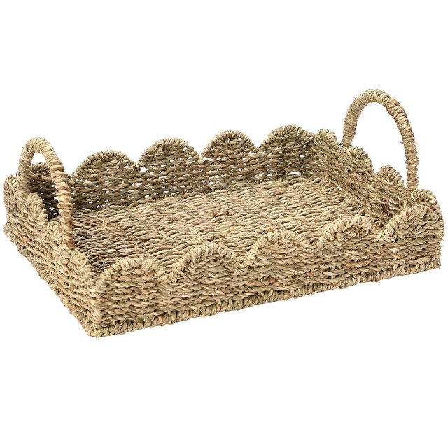 BISS Scalloped Rattan Serving Tray with Removable Floral Transparent Board – Natural Rattan Decorative Wicker Tray with Foldable Handles & Scalloped Edge – Wicker Woven Tray for Coffee Table, Dining