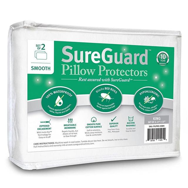 Set of 2 King Size SureGuard Pillow Protectors - 100% Waterproof, Bed Bug Proof - Premium Zippered Cotton Covers - 10 Year Warranty - Smooth