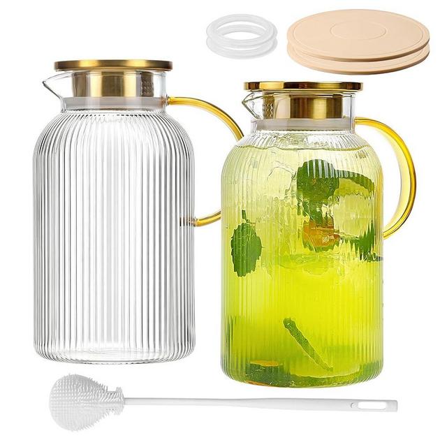 2 Pack Glass Pitcher with Handle and Lid, 68oz/ 2 Liter Classic Stripes Glass Water Pitcher with Handle for Fridge, Iced Tea, Coffee, Borosilicate Glass Carafe for Hot/Cold Brew Drink