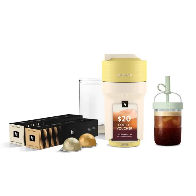 Nespresso Limited-Edition Vertuo Pop+ Coffee and Espresso Maker Flavored Iced Bundle by De'Longhi Pastel Yellow