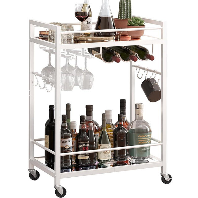 TUTOTAK Bar Cart, Serving Cart for Home, Microwave Cart, Drink Cart, Mobile Kitchen Shelf with Wine Rack and Glass Holder, Rolling Beverage Cart, White BC01BW031