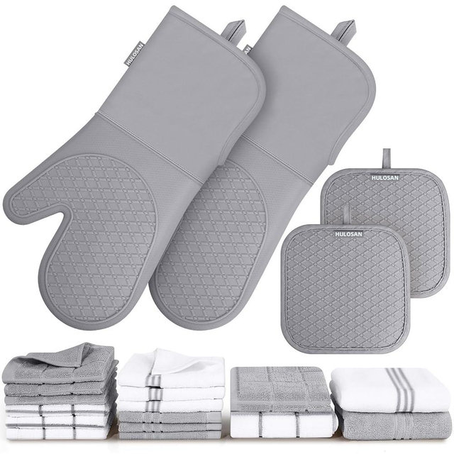 Silicone Oven Mitts Pot Holder Kitchen Towels 100% Cotton Dish Towels for Kitchen,Super Soft and Absorbent Kitchen Hand Towels/Tea Towels.Pot Holder,Oven Mitt Heat Resistant,Silicone Grip,Gift Set