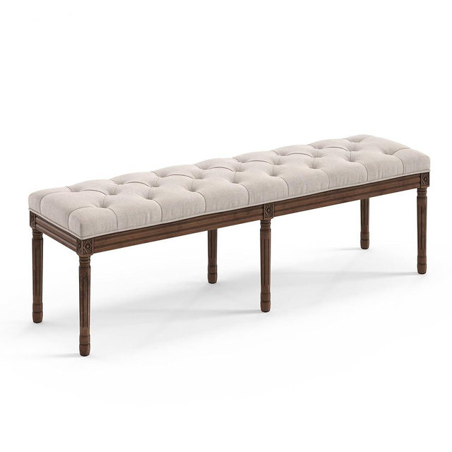 LUE BONA 60" Fabric End of Bed Bench, Upholstered Tufted French Bedroom Bench with Carved Dark Brown Legs for Bedroom End of Bed, Living Room, Linen