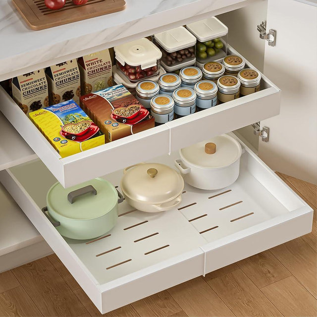 Seinloes 1 Pack Expandable Pull Out Cabinet Organizer 21" Deep, Upgrade 3 Slide Rails Slide Out Drawers for Kitchen Cabinets, No Drill Roll Out Shelves Adhesive, Adjustable Width 12.05"-20.4" White