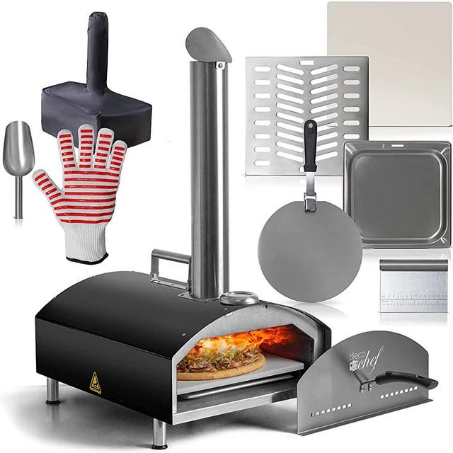 Deco Chef Outdoor Pizza Oven with 2-in-1 Pizza and Grill Oven Functionality, 13" Pizza Stone, Portable Stainless Steel Construction, Pizza Peel, Dough Scraper, Scoop, Slotted Grill (Black)