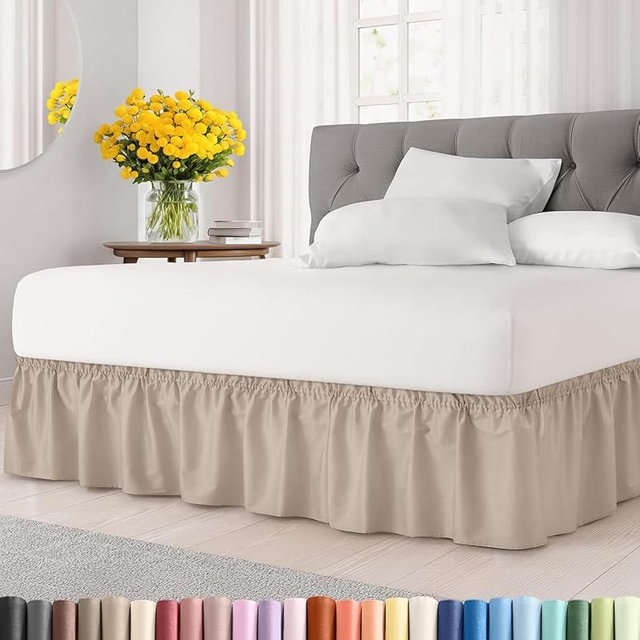 Wrap Around Dust Ruffle Bed Skirt - Wheat - for King Size Beds w/ 12 Inch Drop - Easy Fit Elastic Strap - Adjustable Pleated Bedskirt w/Brushed Fabric - Wrinkle Free - for Women, Men, Kids & Teens
