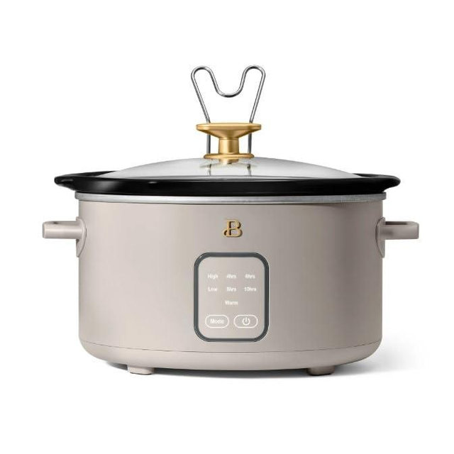 Beautiful by Drew Barrymore 4 Quart Programmable Slow Cooker with Touch Display, Removable Stoneware Pot, 4 Cooking Presets, Auto Warm, Lid Holder, Cool-Touch Handles, Dishwasher Safe ~(Porcini Taupe)
