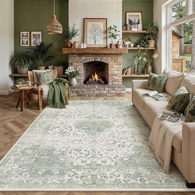 HUGEAR Green 8x10 Area Rug Washable for Living Room Soft Vintage Rug Carpet Non-Shedding & Non-Slip Indoor Home Decor Bedroom Dining Room Kitchen Office Low Pile Floor Mat