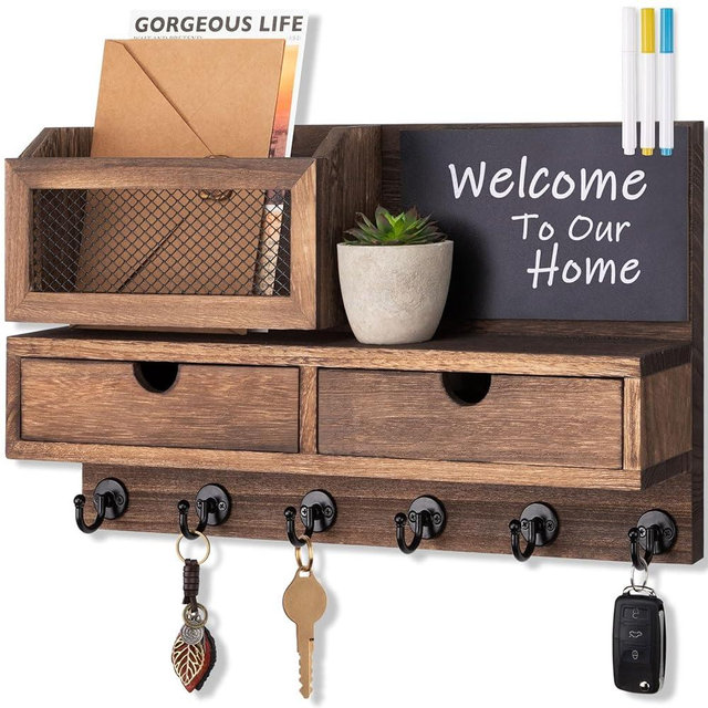 FIPUTE Key Holder for Wall, Key and Mail Holder For Wall with Storage Drawer, Wooden Wall Key Holder for Entryway Rustic Home Decor, 3 Liquid Chalks & Chalkboard, 15.98”W x 9.1”H x 3.3”D, Brown