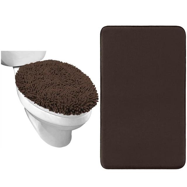 Gorilla Grip Toilet Lid Cover and Thick Memory Foam Bath Rugs, Toilet Lid Cover Size 17.5x15 In, Machine Wash, Bath Rugs Size 36x24 In, Durable Dots on Underside, Both in Brown, 2 Item Bundle