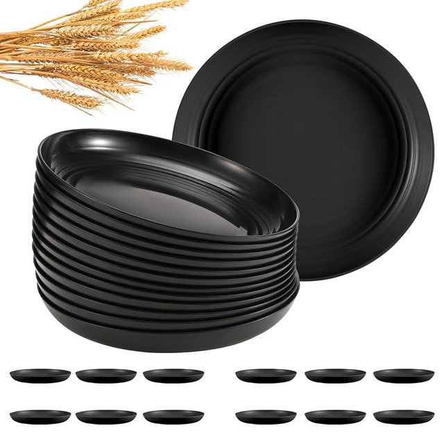 HEYCOME 12 Pcs Unbreakable Deep Dinner Plates Set, 10 inch Reusable Plastic Wheat Straw Plates, Microwave and Dishwasher Safe Plate for Kitchen, Lightweight Plate for Dessert, BPA Free, Black