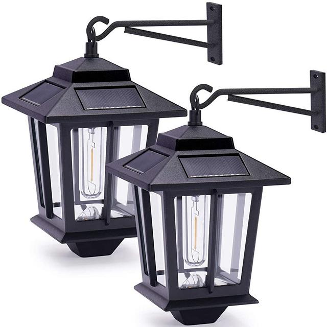 2 Pack Solar Wall Lanterns with 4 Solar Panels, Dusk to Dawn Led Outdoor Wall Sconce , Anti-Rust Waterproof Wall Lanterns Aluminum, 3000K Warm White, Matte Black Powder Coat + UV Protection