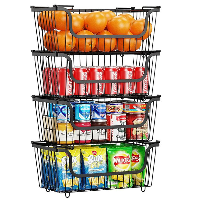 Stackable Wire Baskets, iSPECLE 4 Pack Pantry Baskets with Handles Metal Storage Bins Fruit Basket for Kitchen Cabinet Countertop, Black