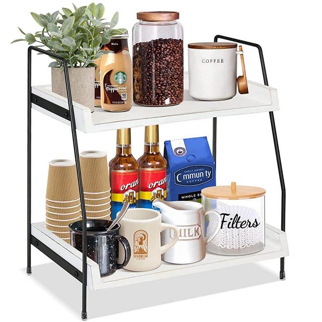 Coffee Bar Accessories and Organizer Countertop, Coffee Station Organizer 2 Tier Kitchen Counter Shelf Organizer,Coffee Condiment Storage,Cup Lid Holder Countertop Shelf for Bathroom(White Wood）