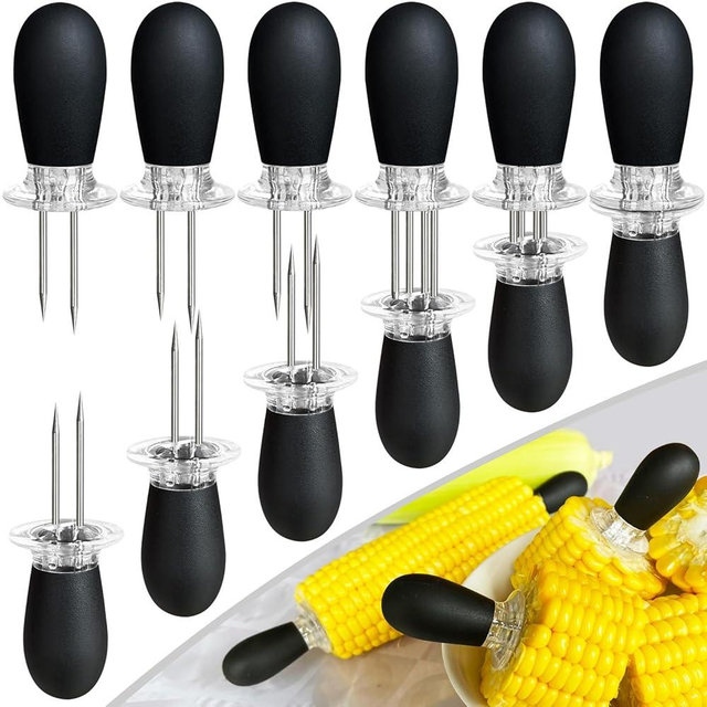 AQRINGO 12 Pcs/6 Pairs Corn Holders, Stainless Steel Corn Cob Holders Corn on The Cob Skewers, Interlocking Design Corn Skewers Forks for Home Cooking BBQ Camping (Black)