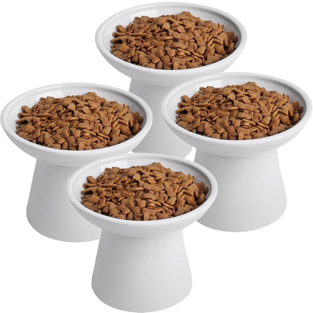 KITCHENLESTAR 6.2 Inch Extra Wide Elevated Ceramic Cat Bowls, Food and Water Bowl Set for Elder Big Cats Small Dogs, Raised Design for Pet Easy Eating, Protect Cat's Spine Set of 4(White)