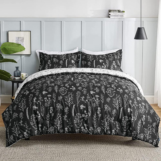 Bedsure Black Comforter Set King - Floral Comforter Set Reversible Bed Comforter Set, 3 Pieces Cute Flowers Botanical Soft Bedding Set with 2 Pillow Shams