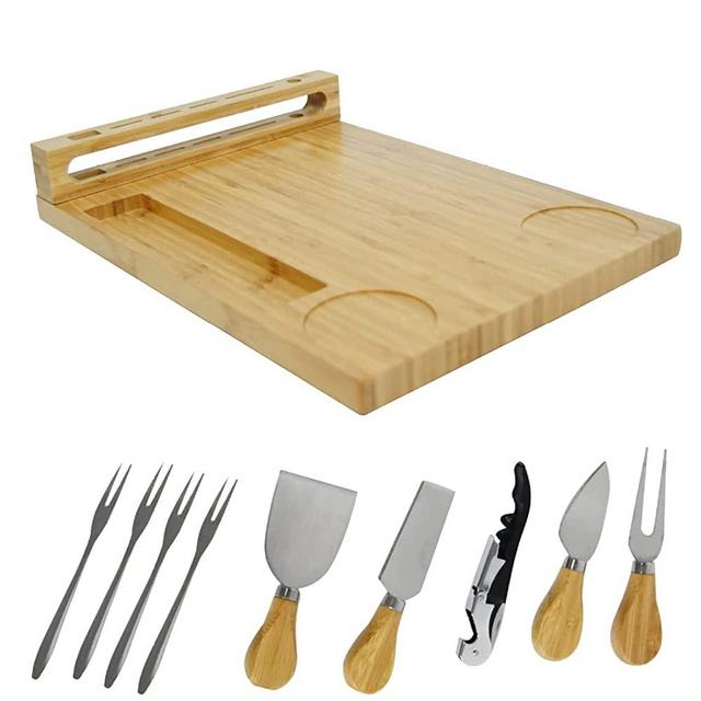 Cheese board Cutlery Knife Set bamboo Charcuterie Platter Serving Tray, with ceramic bowls Server Forks, Wine Opener, Cheese Plate Set Gift for Birthdays, Christmas Anniversary Wedding Registry,