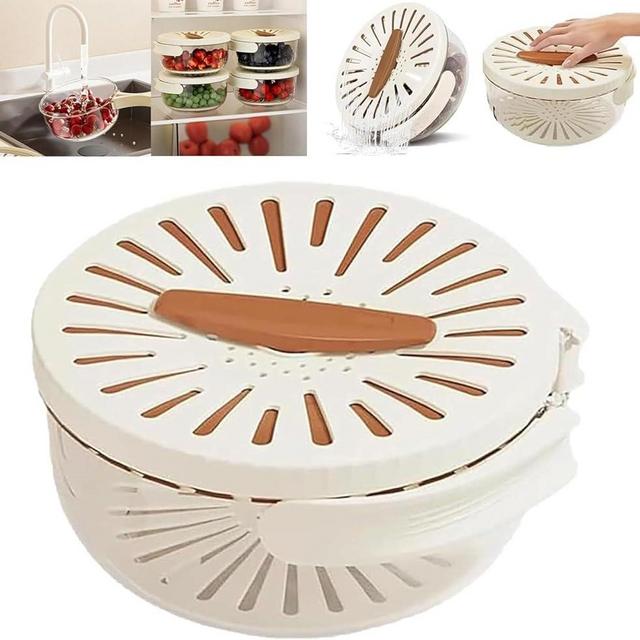Fruit Washing Bowl with Strainer, 1Pcs Multifunctional Fruit and Vegetable Rinser Drainer Container with Handle and Lid, 2 in 1 Draining and Preservation Basket for Refrigerator,Kitchen (Brown)