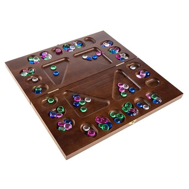 Mancala Board Game- 4 Player, Square Root Strategy Game, Folds for Storage or Travel & Includes 96 Plastic Stones for Kids & Adults by Hey! Play!, Brown