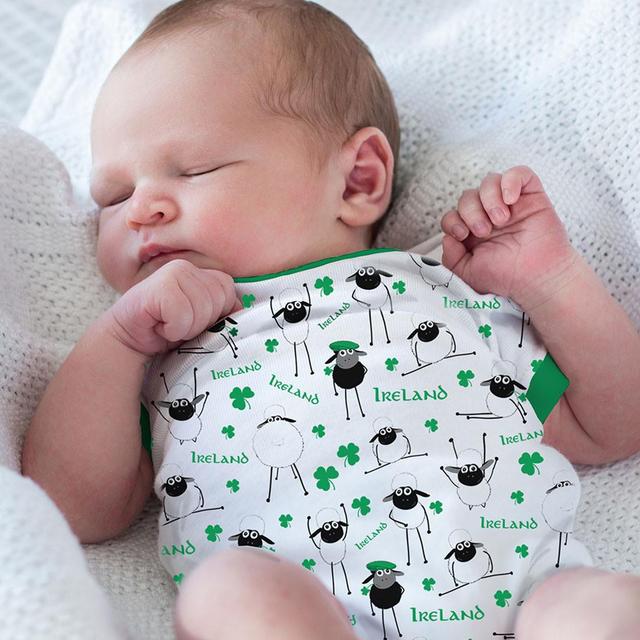 White Irish Cotton Baby Vest With Small Sheep & Shamrock Design