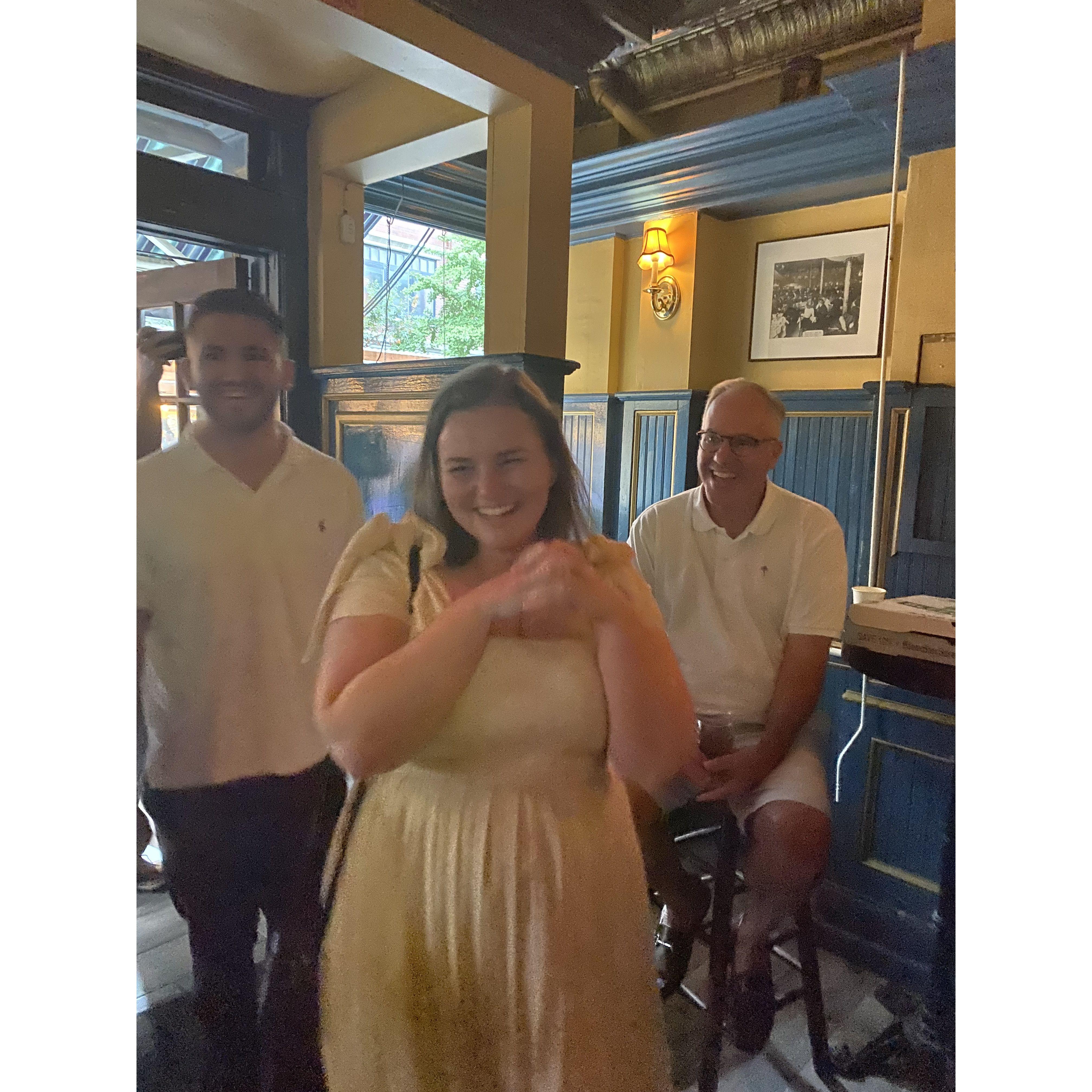 Tim surprised Hailey the night we got engaged with all our friends and family at the bar where we had our first date! Huge thanks again to all those who helped to put these huge smiles on our faces <3