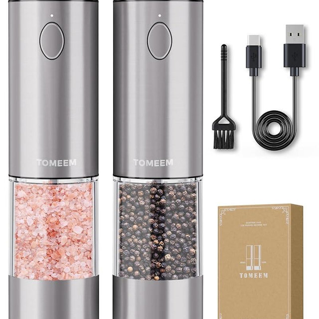TOMEEM Upgraded Larger Capacity Electric Salt and Pepper Grinder Set Rechargeable with LED lights, Stainless Steel Automatic Pepper and Salt Grinder Refillable with 5 Adjustable Coarseness Gray