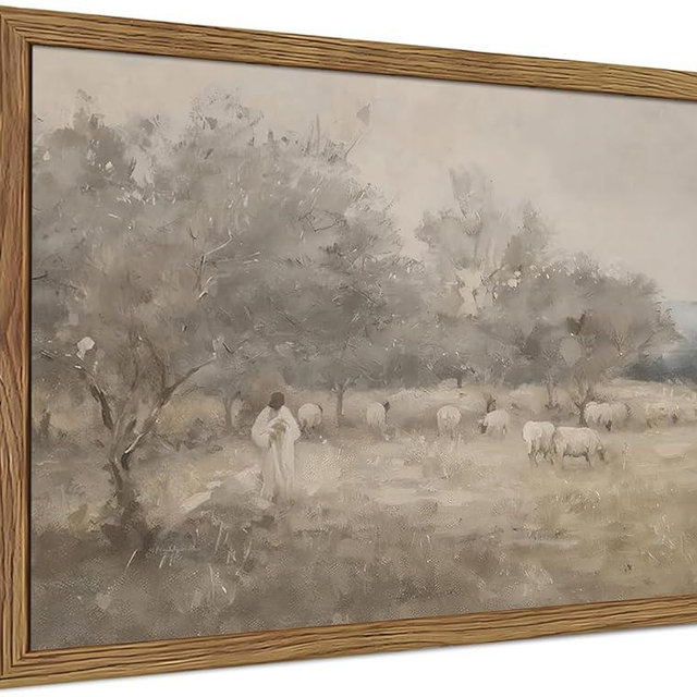 Framed Modern Christian Wall Art, The Lord Is My Shepherd Art Print, Jesus Leaves the 99 Wall Decor, Christ and Sheep Religious Canvas Artwork for Living Room Prayer Room Church – 8x10 inch